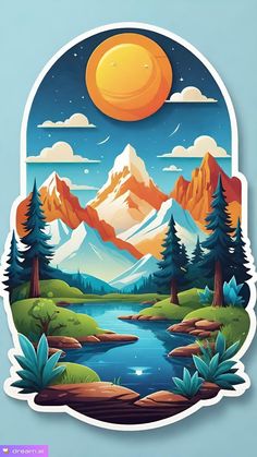 a sticker with mountains, trees and water in the background is an orange sun