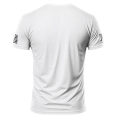 the back of a white t - shirt with an american flag on the left chest