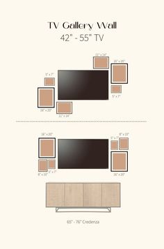 the tv gallery wall is shown with measurements