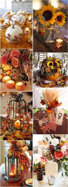 a collage of photos with pumpkins, flowers and candles