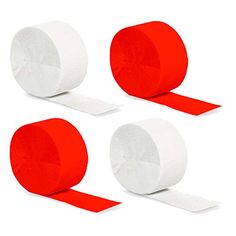 three rolls of toilet paper with red and white tape on each roll, one being rolled up