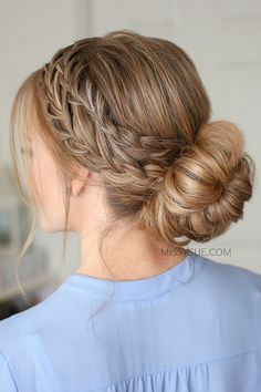 Braided Bun Hairstyles Prom, Braid And Low Bun, Messy Bun Braid Updo, Braiding Bun Hairstyles, Messy Braided Bun Hairstyles, Low Bun Prom Hairstyles With Braid, Braided Bun Hairstyles Wedding, Braid Going Into Bun, Braided Hairstyles Into A Bun