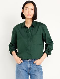 spread collar long sleeves buttoned cuffs full-button front patch chest pocket relaxed fit hits at waist models are approx.  5'9" and wear sizes s (4), l (12) and xl (18)machine wash according to the care instruction label