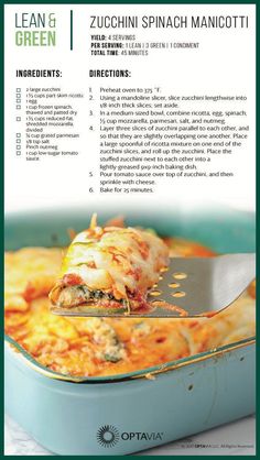 the recipe for zucchini spinach manicotti in a blue casserole dish