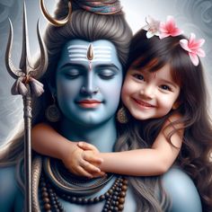 a painting of a girl hugging the face of a statue of lord ganesha