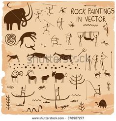 an ancient rock painting with animals and people royalty illustration