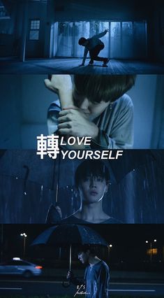 two people standing under an umbrella in the rain, and one person holding an umbrella that says love yourself