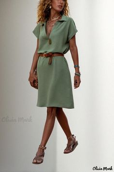 Olivia Mark - Trendy Fashion Loose Fit Solid Color Short Sleeve Dress with Turn-down Collar Casual Khaki Dress For Vacation, Casual Khaki V-neck Dress, Casual Khaki Knee-length Dress, Casual Knee-length Khaki Dress, Casual Olive Dress For Day Out, Casual Olive Knee-length Dress, Casual Olive Dress For Daywear, Casual Green Dress For Work, Casual Green Dresses For Work