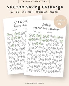 two printable savings sheets with the words $ 10, 000 saving challenge on them