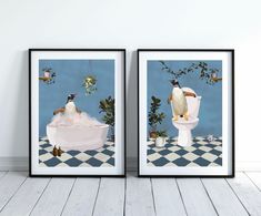 two framed pictures of penguins in a bathtub with plants on the floor next to them