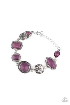 GORGEOUSLY GROUNDSKEEPER - PURPLE Featuring vivacious Magenta Purple stone centers, a collection of antiqued silver frames link with a decorative floral charm around the wrist for a seasonal flair. Features an adjustable clasp closure. Sold as one individual bracelet. P9SE-PRXX-109XX ORDERED 14 AUG 20 Magenta Purple, Purple Bracelet, Silver Frames, Paparazzi Accessories, Exclusive Jewelry, Purple Stones, Flower Bracelet, Paparazzi Jewelry, Bracelet Clasps