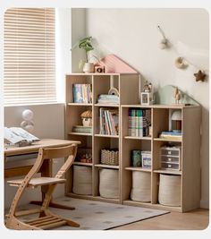 a room with a desk, bookshelf and chair