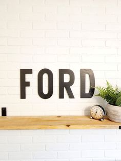 there is a potted plant on top of a shelf next to the word ford