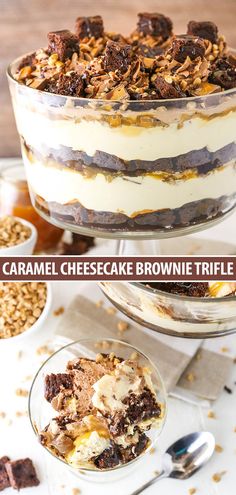 an image of two desserts with chocolate and caramel cheesecake brownie trifle