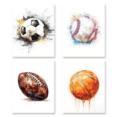 four paintings of different types of sports balls