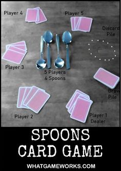 spoons and napkins are laid out on the table with text that reads, spoons card game