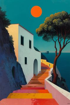 a painting of stairs leading up to a house on the cliff by the ocean with an orange sun in the background