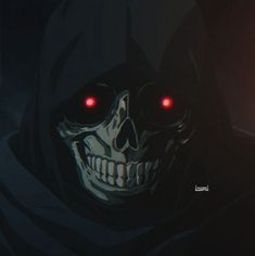 a skull with red eyes and a hood on it's head in the dark