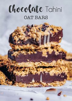 chocolate and oatmeal bars stacked on top of each other