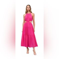 Nwt Cutouts At The Waist Play Up The Halter Neckline Of This Pretty Tiered Maxi Dress Cast In A Bubblegum Pink Hue. A Fun And Flirty Option That Is Perfect For The Warmer Months Ahead And A Great Choice For A Variety Of Occasions, From Outdoor Weddings To Beach Vacations To Summer Parties. Flowy Tiered Skirt, Lined Sleeveless With A Halter Neckline Imported Mr8029 Shirred Details Along The Bodice Web Id: 16295993 Cutout Sundress Midi Dress, Cutout Midi Dress For Day Out, Pink Cutout Midi Dress For Spring, Pink Flowy Halter Neck Midi Dress, Spring Pink Midi Dress With Cutout, Spring Pink Cutout Midi Dress, Pink Cutout Midi Length Dress, Flirty Pink Sleeveless Tiered Dress, Chic Pink Midi Dress With Cutout