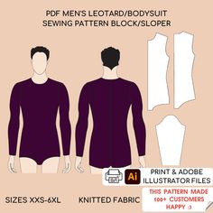 Pdf Men's Leotard, Men's Pdf Bodysuit Pattern | Basic Men's Pdf Sewing Pattern Block | Sizes Regular & Plus Sizes | XXS_6XL | Knitted Fabric THIS LISTING IS BOTH FOR PRINTING & IMPORTING FILES IN ADOBE ILLUSTRATOR. IF YOU WANT ONLY TO PRINT THE FILES CHECK THIS: https://www.etsy.com/listing/1353710641/pdf-mens-leotard-mens-bodysuit-pattern Are you a self-taught sewer or a professional fashion designer? Fashion student or graduate, crafter, seamstress, tailor, or pattern maker? Do you create patt Sloper Pattern, Mens Leotard, Mens Bodysuit, Bodysuit Pattern, Fashion Student, Leotard Bodysuit, Pattern Maker, Toile Fabric, Fashion Menswear