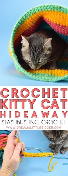 a cat hiding in a crochet kitty house with text overlay that reads, crochet kitty cat hide a way stashbusing crochet