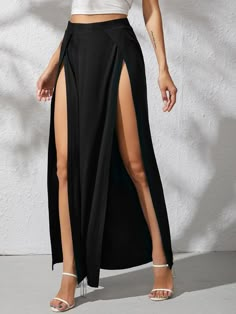 Maxi Skirt Spring, Thigh Skirt, Short Long Dresses, Glitters Skirt, Pu Leather Skirt, High Waisted Maxi Skirt, Split Skirt, Spring Skirts, Style Noir