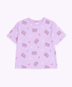 Click to see size chart How dreamy! This lavender Shop Exclusive two-piece pajama set includes a short-sleeve top and lounge pants. The super soft fabric & relaxed fit top is ideal for lounging or sleeping! Ladies fit and sizing. Relaxed-fit pajama tee & pants feature an all-over pattern of Pusheen surrounded by pastel-colored moons and stars. Pajama pants include side pockets and a tapered ankle cuff. Content: 100% Cotton. Imported. Care: Machine wash cold. Only non-chlorine bleach. Tumble dry