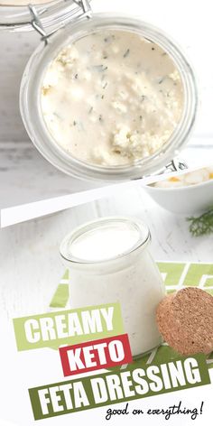 a bowl of creamy keto feta dressing next to a jar of yogurt