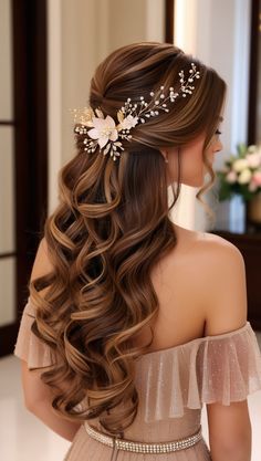 Stunning long brunette hair styled in loose, cascading waves, adorned with a delicate gold and pearl floral accessory. Perfect for weddings, proms, or special occasions, this elegant look is both timeless and sophisticated.#ElegantHairstyle #WeddingHair #BridalLook #HairInspiration #WavyHair #HairAccessories #FormalHairstyle #LongHairGoals #RomanticStyle #SpecialOccasionHair #hairaesthetic #thanksgiving_Hairstyle #thanksgiving Hair Inspo For Wedding, Hairstyle Thanksgiving, Elegant Hairstyles For Long Hair Formal, Ethereal Wedding Hair, Thanksgiving Hairstyle, Hairstyles For Special Occasions, Thanksgiving Hairstyles, Rose Braid, Wavy Hairstyle