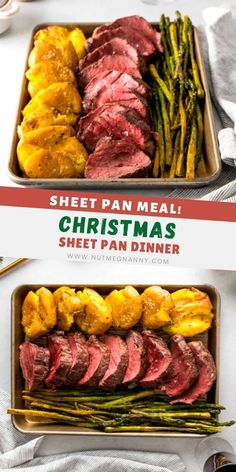 christmas sheet pan dinner with roast beef and asparagus