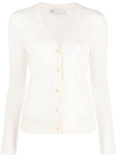 ivory white wool-silk blend fine knit logo-engraved buttons front button fastening plunging V-neck long sleeves straight hem Cardigan Rosa, White Cardigan, Fine Knit, Knitwear Cardigan, Shirt Skirt, Ivory White, White Sweaters, Knitwear Women, Missoni