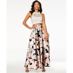 Perfectly Paired For A Formal Event, This Two-Piece Gown By Speechless Includes A Faux-Pearl Embellished Lace Crop Top And A Floral-Printed Skirt With Side Pockets. Approx. Model Measurements: Height: 5'9-1/2"; Bust: 32"; Waist: 25"; Hips: 34" Concealed Back Zipper Closures; Double Hook-And-Eye Closures At Back Neck Floor Length Round Neckline Lace Crop Top With Faux-Pearl Embellishment; Printed Skirt With Two Side Pockets Molded Cups Important Note: This Item Arrives With A Return Tag Attached Spring Satin Maxi Dress For Homecoming, Spring Homecoming Satin Maxi Dress, Black Lace Formal Dress, Two Piece Gown, Red Sleeveless Dress, Black Striped Dress, Lace Formal Dress, Printed Skirt, Lace Overlay Dress