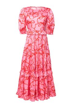 Introducing our playful Ribbons and Bows Dress in Pink. The pink satin fabric with a red ribbon print is sure to turn heads. The scoop neckline features a functional bow at the back for added charm. The 1/2 length balloon sleeves and tiered maxi-length skirt add a feminine touch. And with a hidden back zipper, getting dressed has never been easier! The perfect dress, no matter the occasion. Ivy City Women's Ribbons and Bows Dress Pink | Size: 12 Pink Spring Dress With Bow Print, Pink Spring Dresses With Ribbon Detail, Pink Ribbon Dress For Spring, Pink Spring Dress With Ribbon, Pink Ribbon Dresses For Spring, Elegant Pink Dress With Ribbon, Bows Dress, Pink Satin Fabric, Thanksgiving Dress