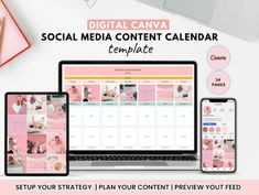 the social media content calendar is displayed on two laptops, one with an image of a baby