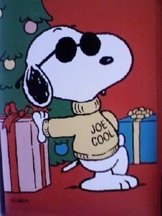 a painting of a snoopy dog holding a christmas present in front of a tree