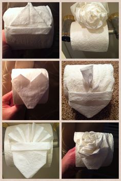 four pictures show how to fold toilet paper in the shape of a heart and flower