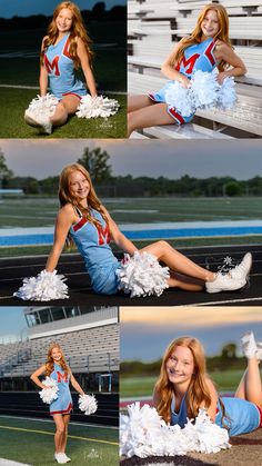 the cheerleader is posing for pictures on the field