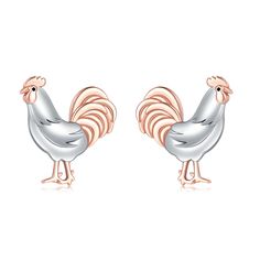 two tone silver and rose gold rooster stud earrings with pink enamel on each earring