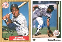 two baseball cards with autographs of bobby meacham and bobby meacham