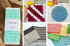 crocheted dishcloths are shown in different colors and sizes, including one with a