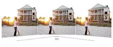 three pictures of a woman walking in front of a beach house with the sun going down