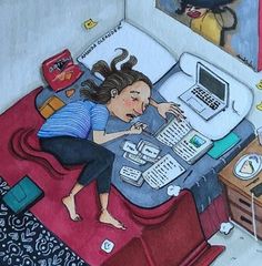 a drawing of a woman laying in bed next to a laptop and calculator