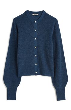 Designed with a relaxed fit, this lightweight ribbed alpaca-blend cardigan boasts long puff sleeves for a delicate aesthetic. Front button closure Crewneck Long sleeves Ribbed cuffs and hem 62% alpaca, 38% polyamide Dry clean Imported Madewell Cardigan, Soft Autumn, Mama Style, Long Puff Sleeves, Blue Jay, Dream Wardrobe, Madewell, Alpaca, Puff Sleeve