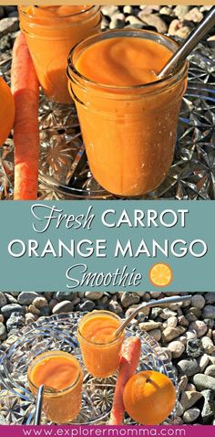 fresh carrot orange mango smoothie in mason jars