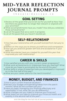 an info sheet with the words mid - year reflection journal propping goal setting and self - relationship