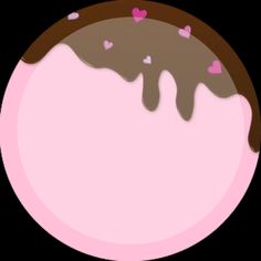 a pink donut with chocolate icing and hearts on it's side in a circle