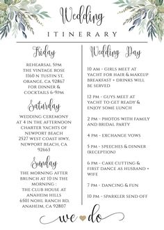 the wedding itinerary is shown with flowers and greenery