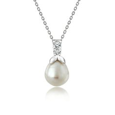 Embrace the timeless allure of our White Pearl Necklace with Whale Tail Pendant Moissanite in 18K White Gold over Silver. This enchanting women's pearl pendant necklace showcases a 9mm pearl gracefully suspended from a silver necklace, featuring a captivating whale tail pendant design, embellished with moissanite that totals to a carat weight of 0.17 carat, on top of the pearl. Handcrafted with utmost attention to durability, this white pearl pendant is made using premium materials that ensure i Formal Sterling Silver Necklace With Pearl Pendant, Elegant White Gold Moissanite Jewelry, Pearl White Gemstone Jewelry, Pearl White Pear-shaped Cubic Zirconia Jewelry, Pear-shaped Pearl White Cubic Zirconia Jewelry, Pear-shaped Pearl White Jewelry With Cubic Zirconia, Diamond Teardrop Pendant Necklace With Pearl, Gift Pearl Drop Necklace With Cubic Zirconia, Exquisite Solitaire Necklace For Formal Occasions