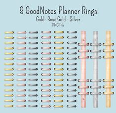 the 9 gold and silver planner rings are arranged on a blue background with text that reads,